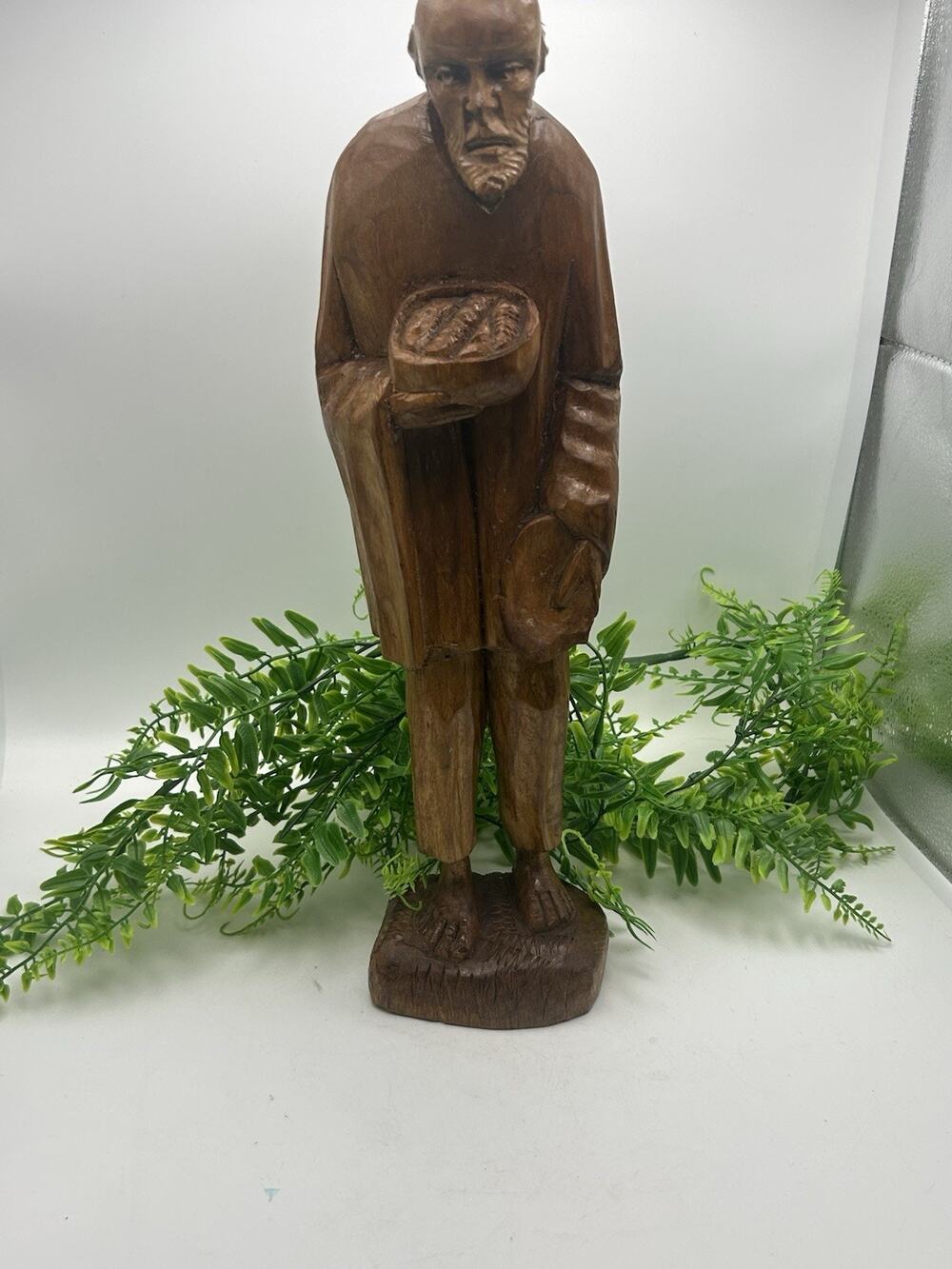 Vintage Hand Carved Wooden Man With Bowl Folk Art Solid Wood 15.5” Tall.